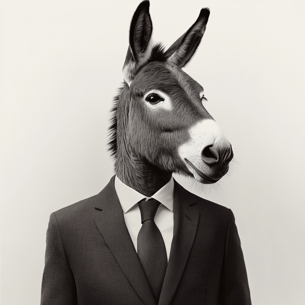 Donkey in suit, black and grey photo