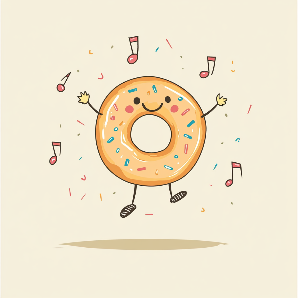 Donut character dancing with music notes in vintage style.