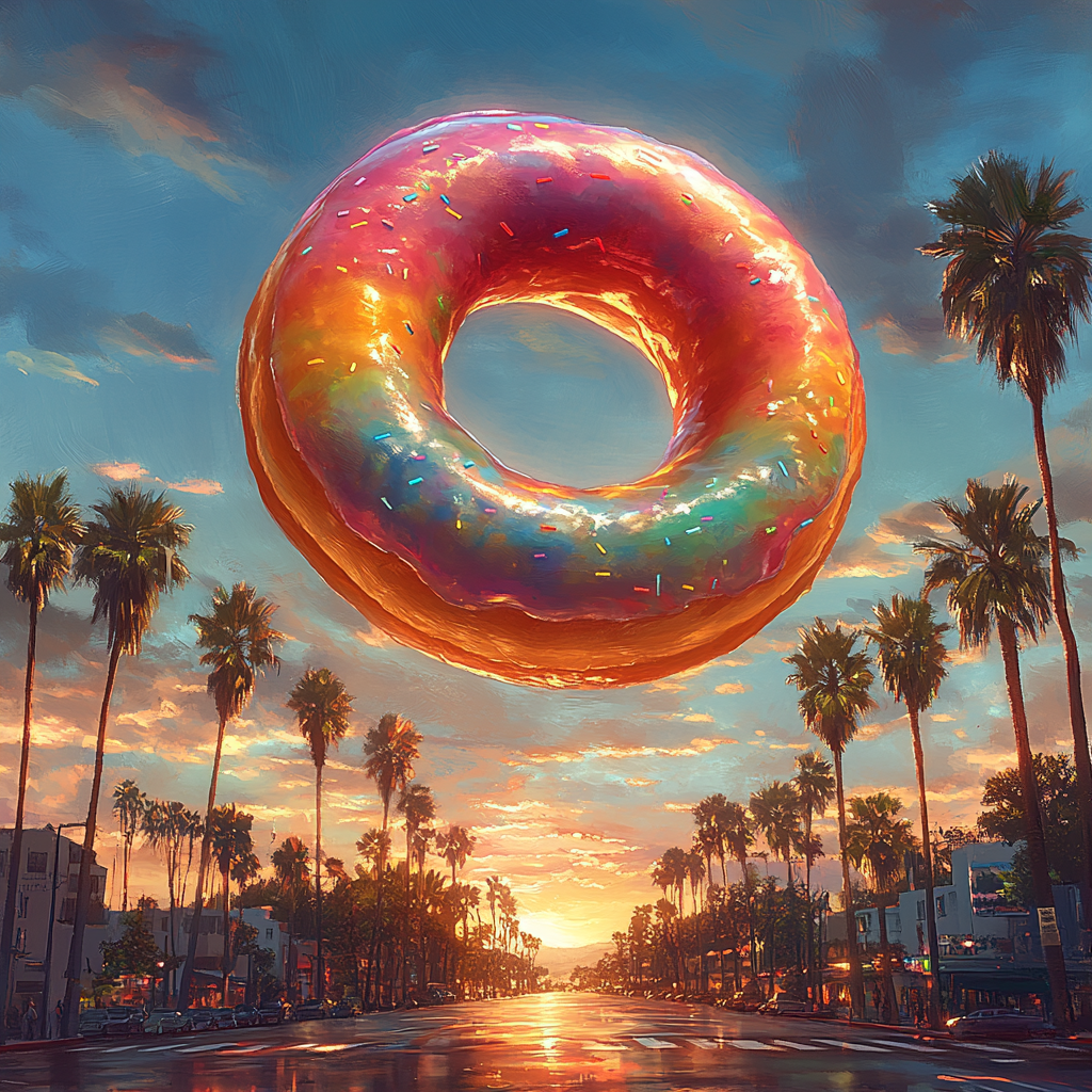 Donut with Rainbow Icing Floating Above Palm Trees