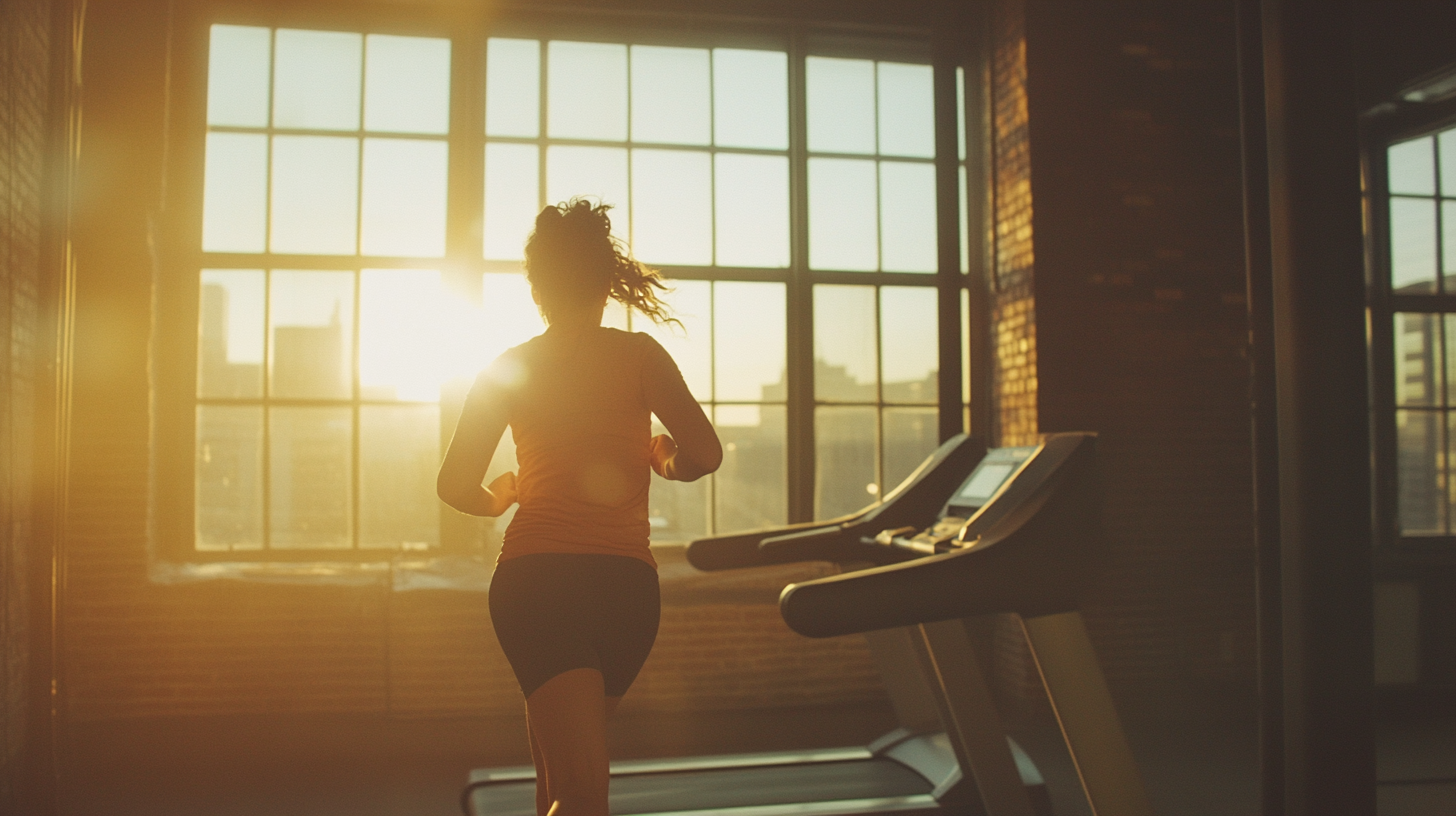 Downtown loft setting with mom running on treadmill.