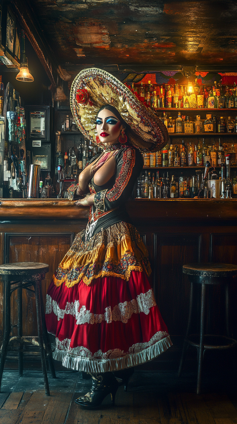 Drag queen mariachi celebrating Mexico independence in bar