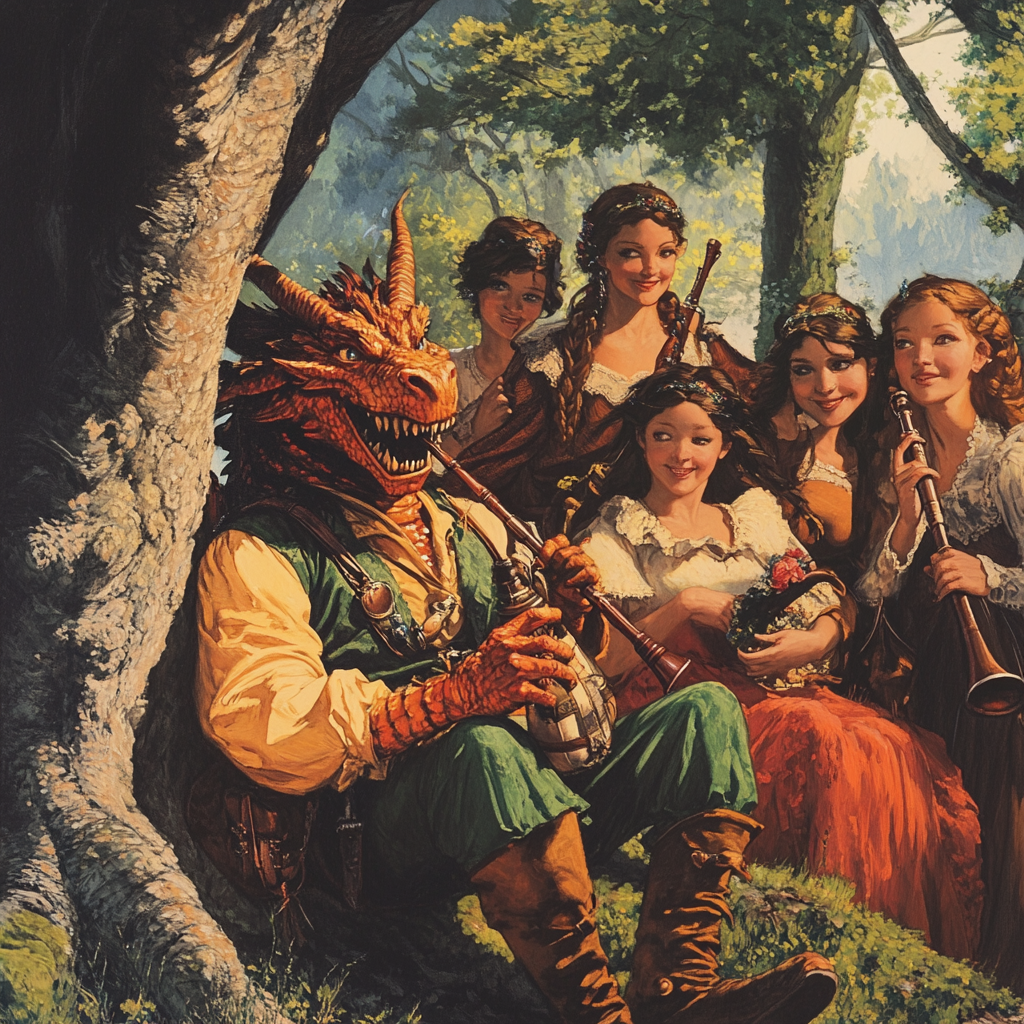 Dragon Bard playing bagpipes for admiring maidens