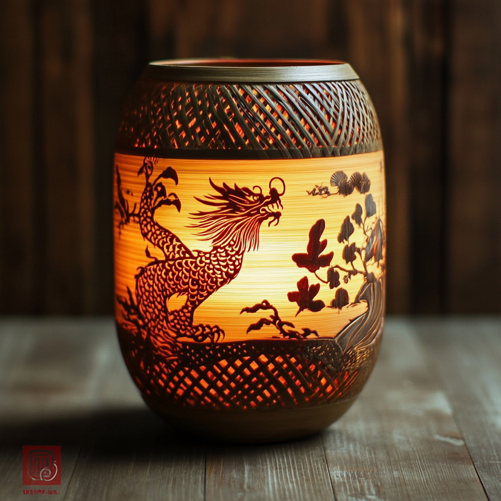 Dragon and Phoenix Bamboo Woven Round Lamp symbolism reunion and harmony