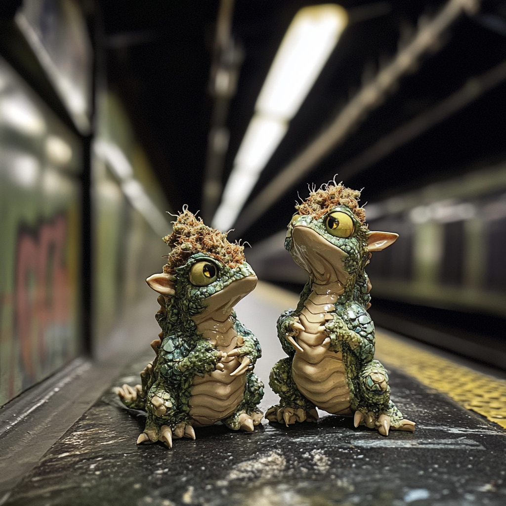 Dragon couple hybrid with marijuana nug scales underground station.