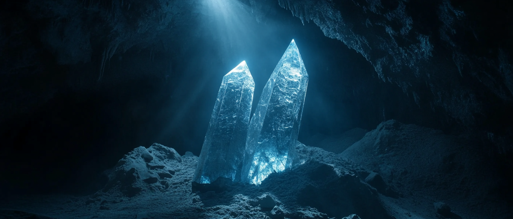 Dragon in cave with blue crystal and spotlight.