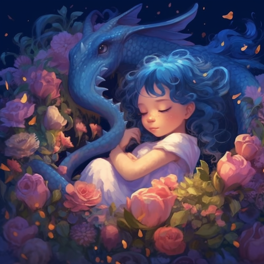 Dragon protecting girl sleeping in flower bed