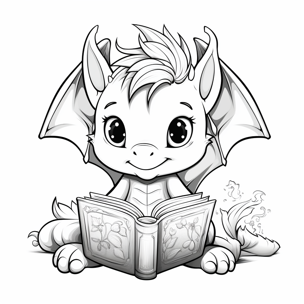 Dragon reading book in cute coloring style.