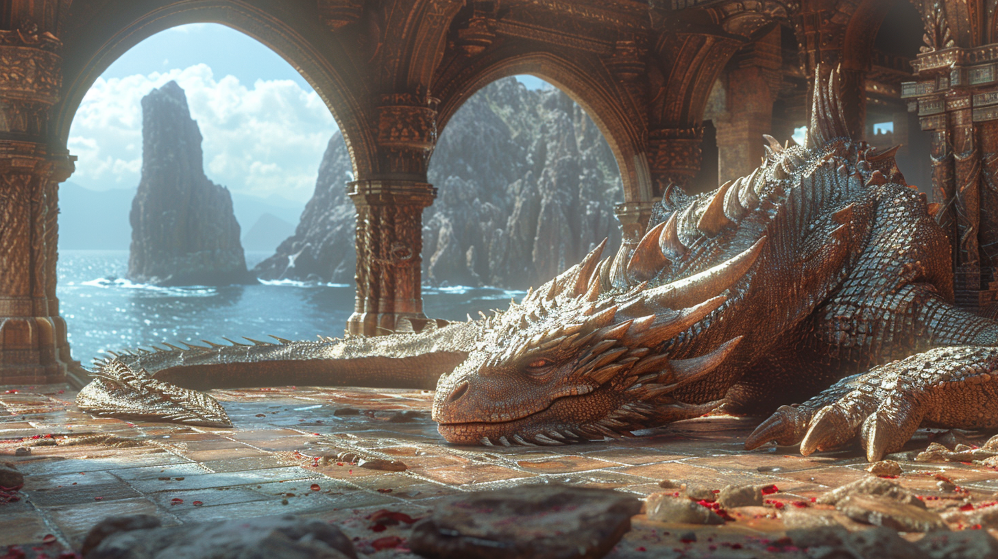 Dragon sleeping in gnomish temple with ocean background.