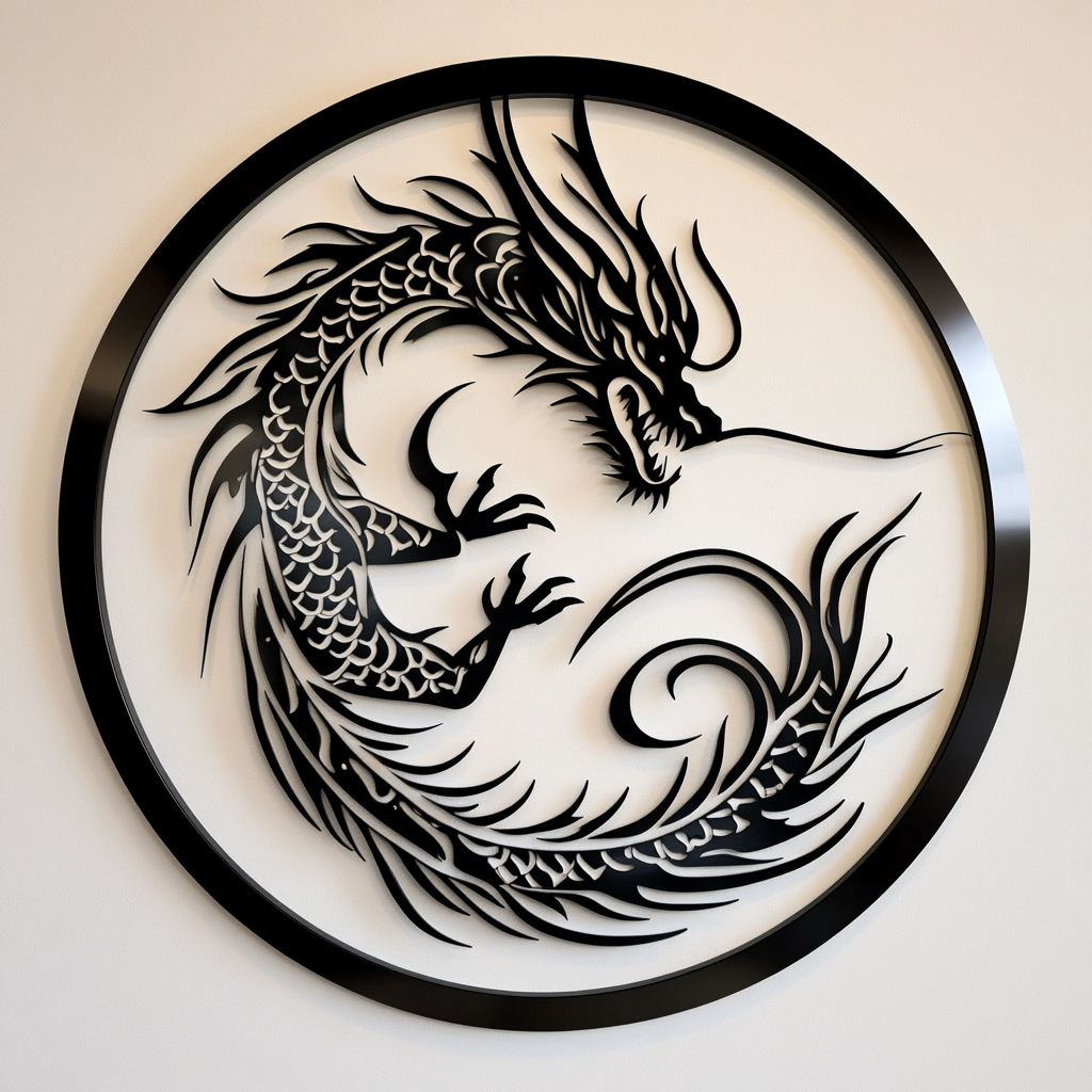 Dragon themed metal wall art with intricate details.