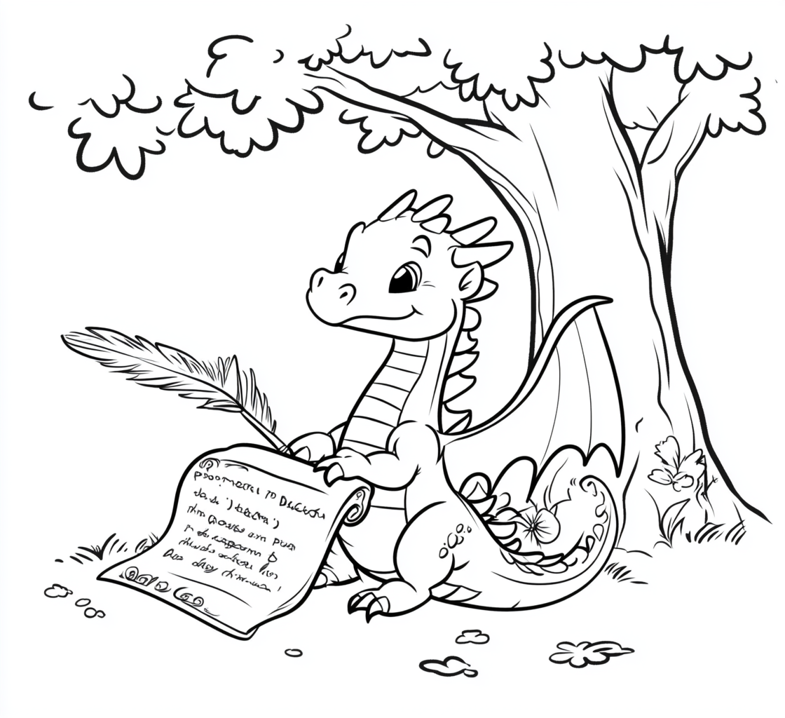 Dragon writing on scroll with feather pen under tree.