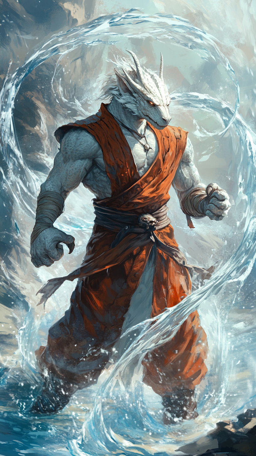 Dragonborn Monk Boxer Pose Art with Ice and Water swirling - AR 9:16