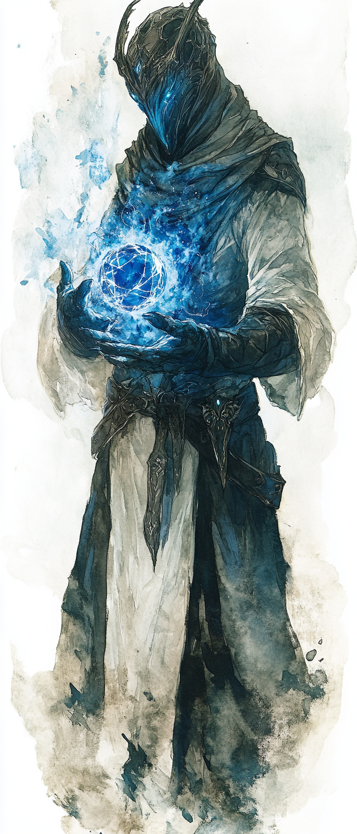 Dragonborn cleric holding blue holy symbol in ethereal realm.