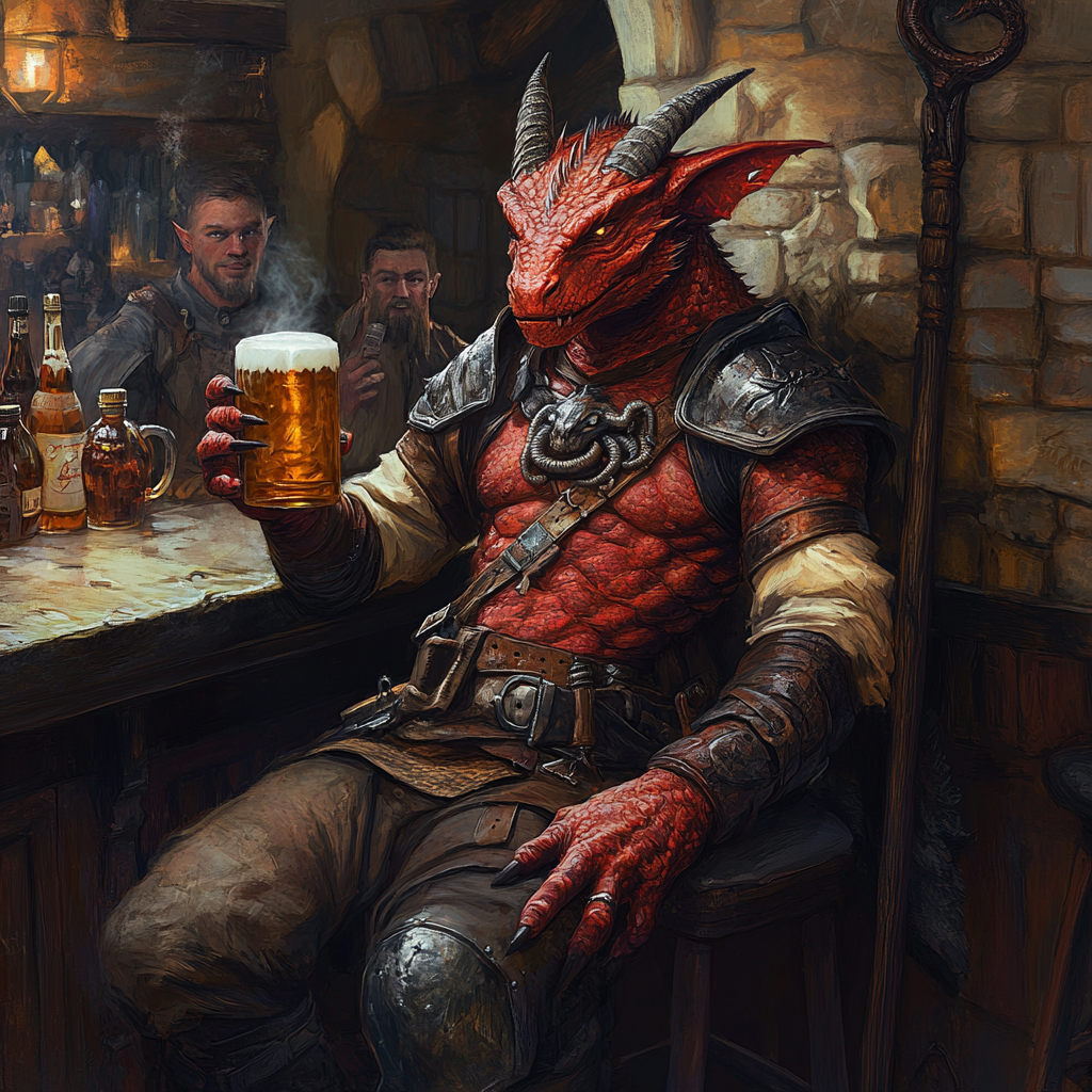 Dragonborn male at busy bar, casting spell, tattoos.