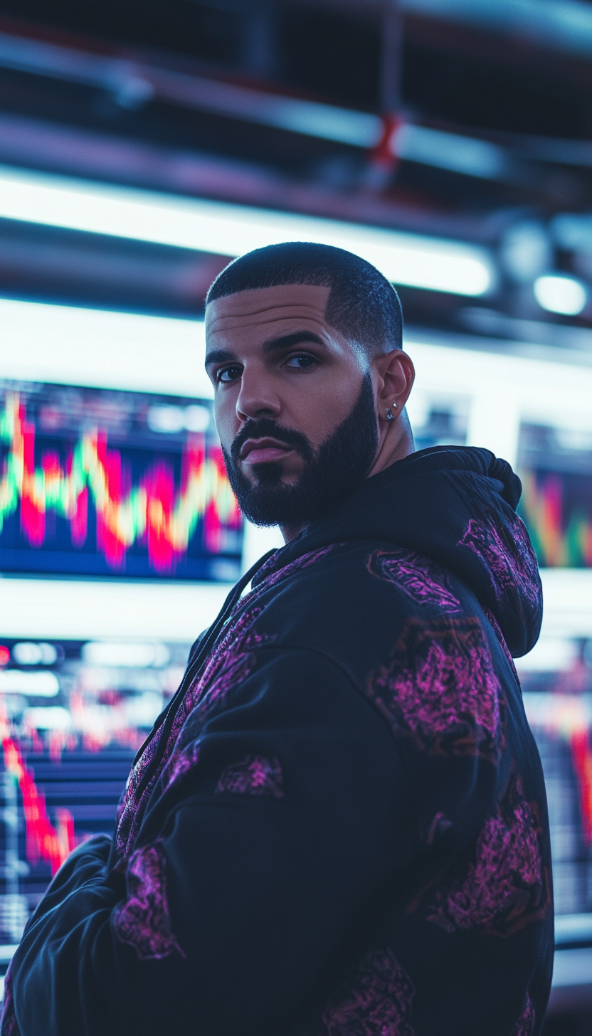 Drake in Nike hoodie with urban style, forex charts.