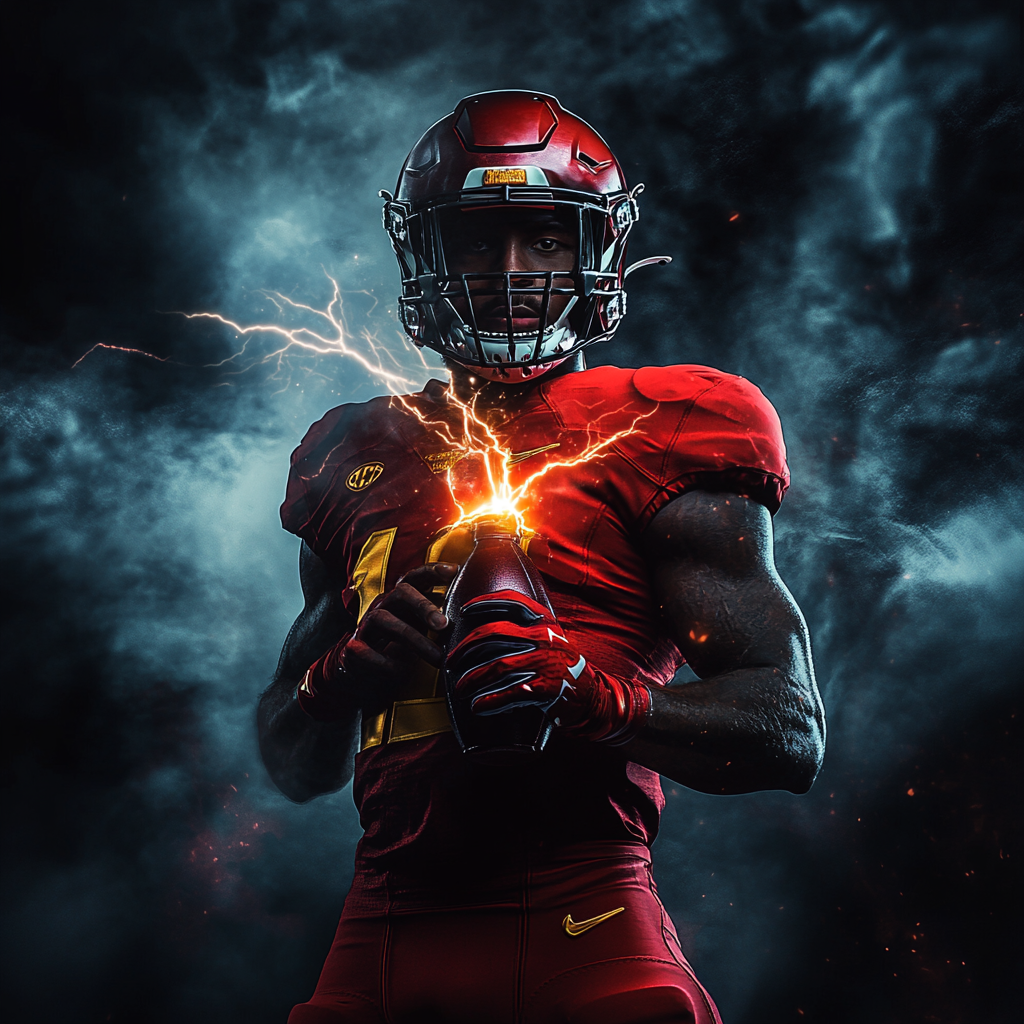 Dramatic American Football player with lightning bottle