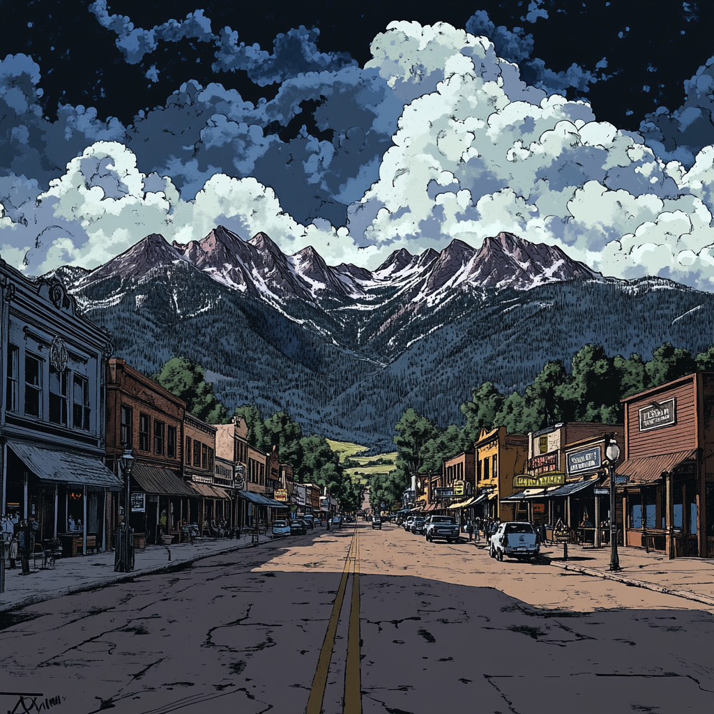 Dramatic Main Street in Colorado with Rocky Mountains