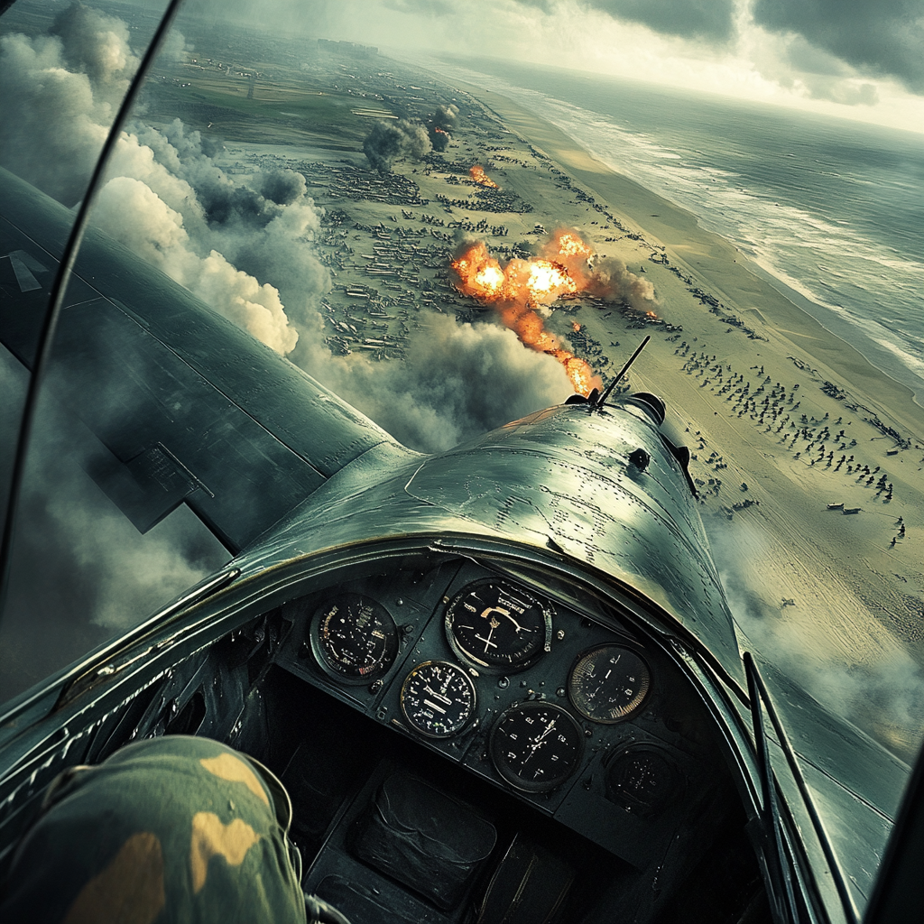 Dramatic WWII scene with BF109 diving, firing guns.