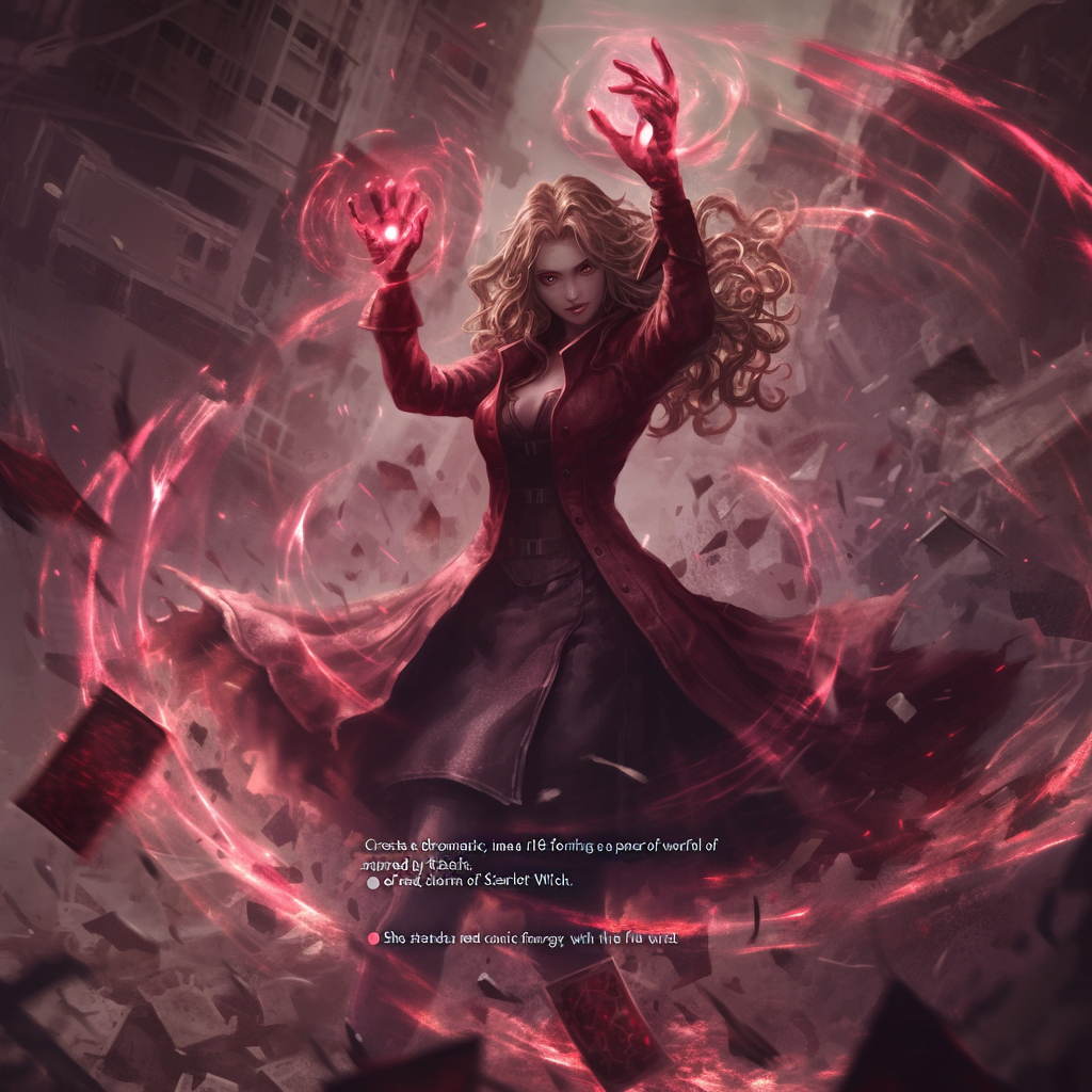 Dramatic cinematic image: Scarlet Witch superhero controls chaotic reality.