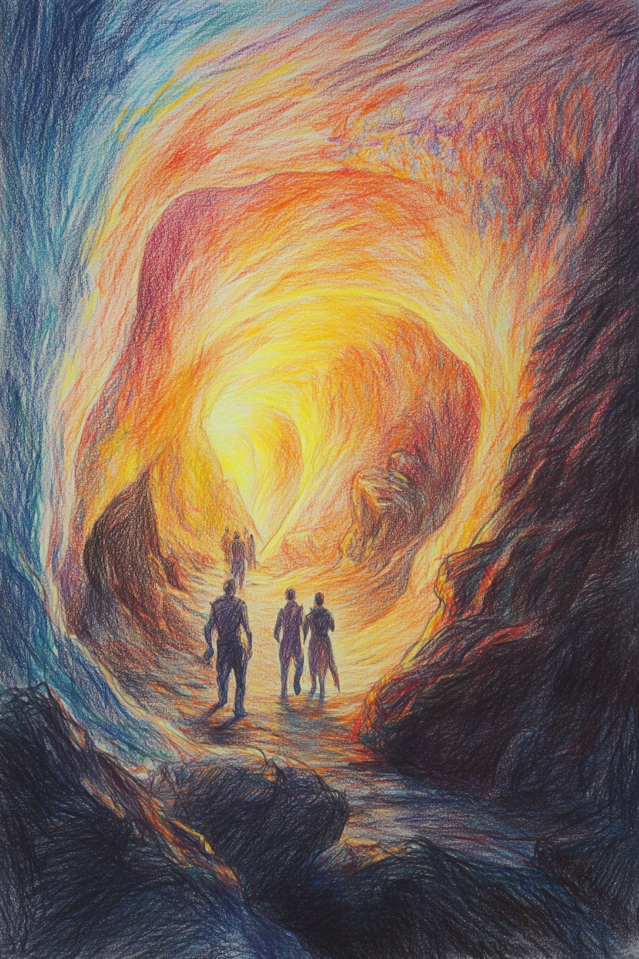 Dramatic colored sketch of explorers navigating underground landscapes.