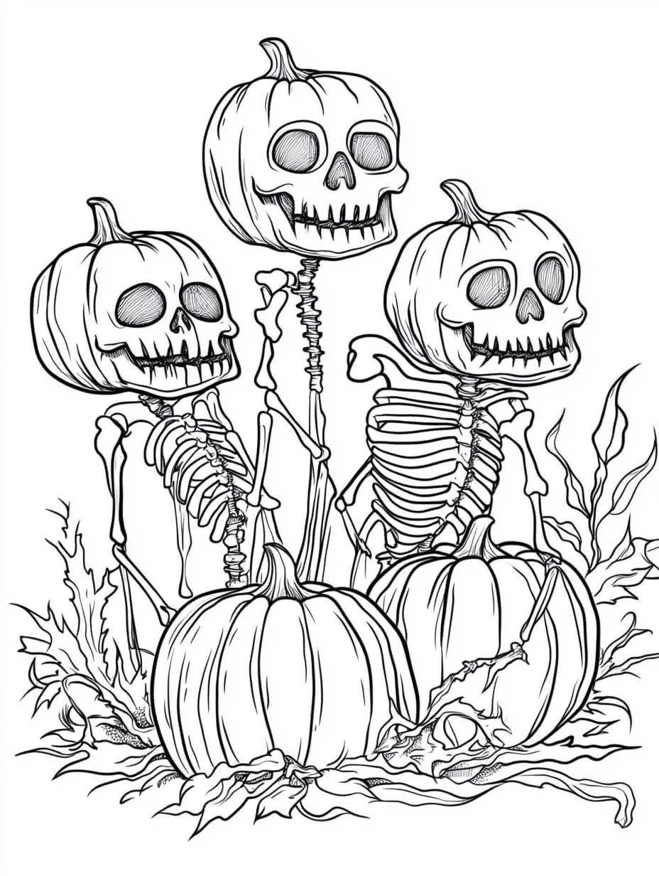 Dramatic coloring book page for teens with pumpkin heads.