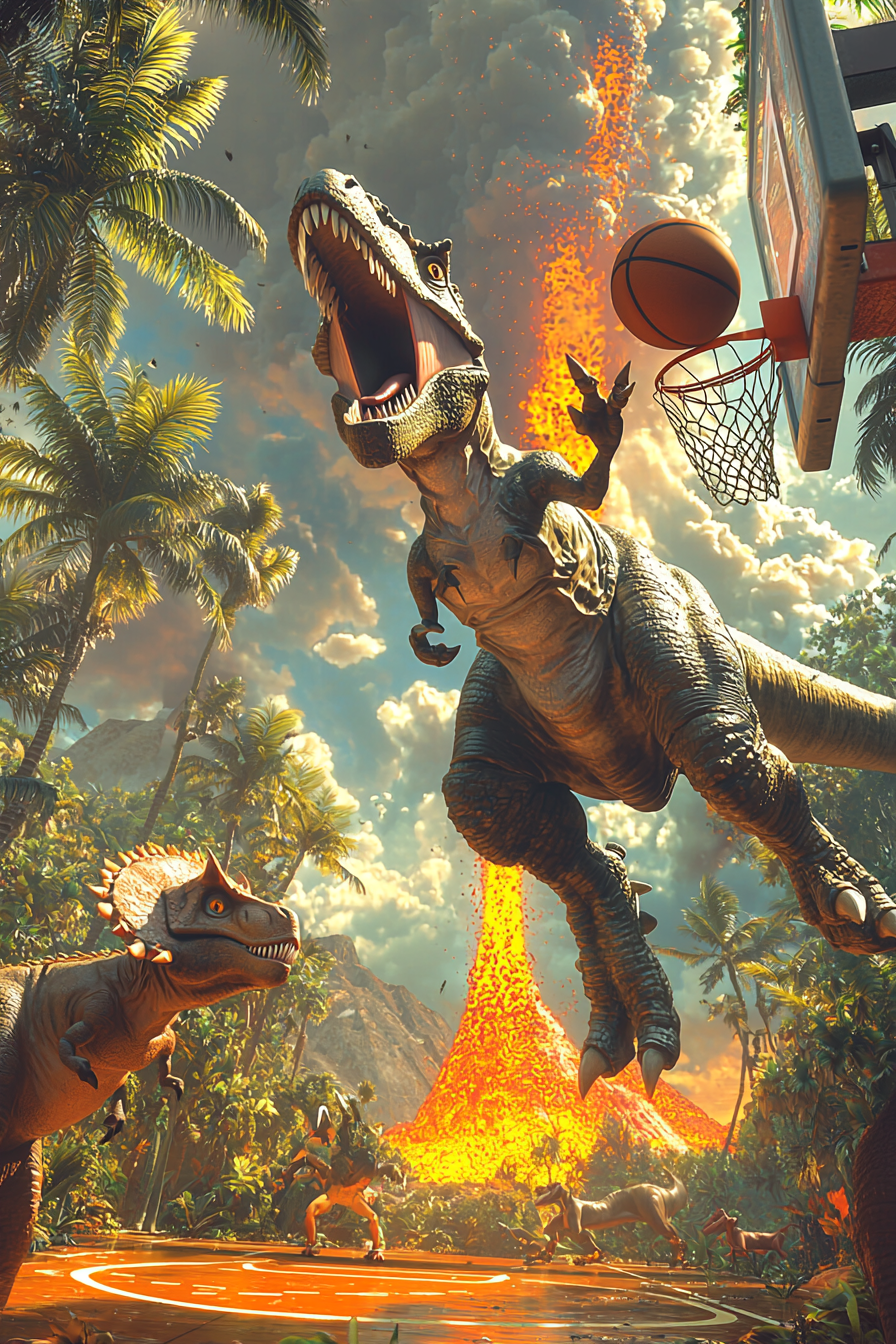 Dramatic dinosaurs playing basketball in prehistoric jungle scene.