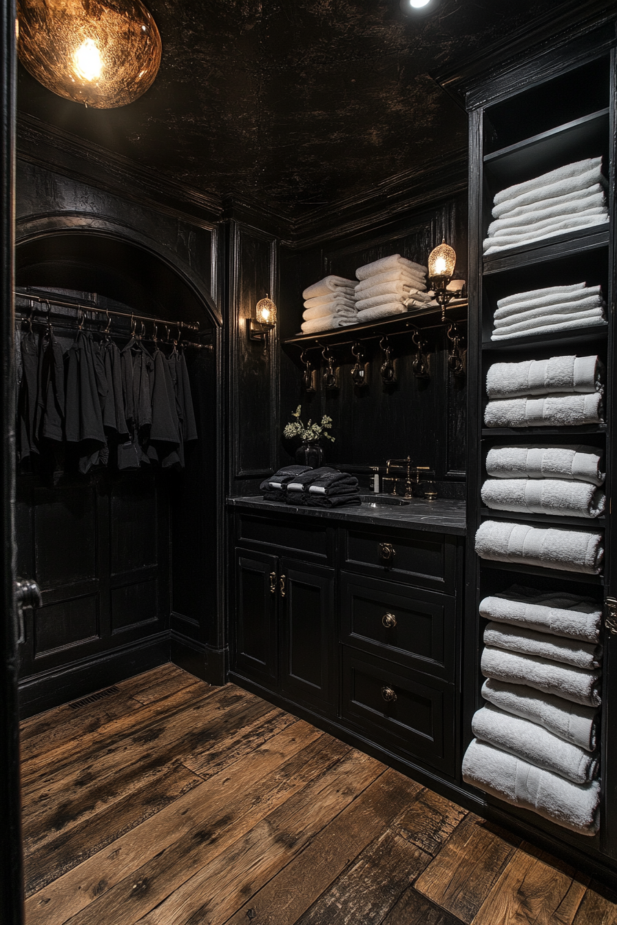 Dramatic lighting highlights Western Gothic laundry room textures.