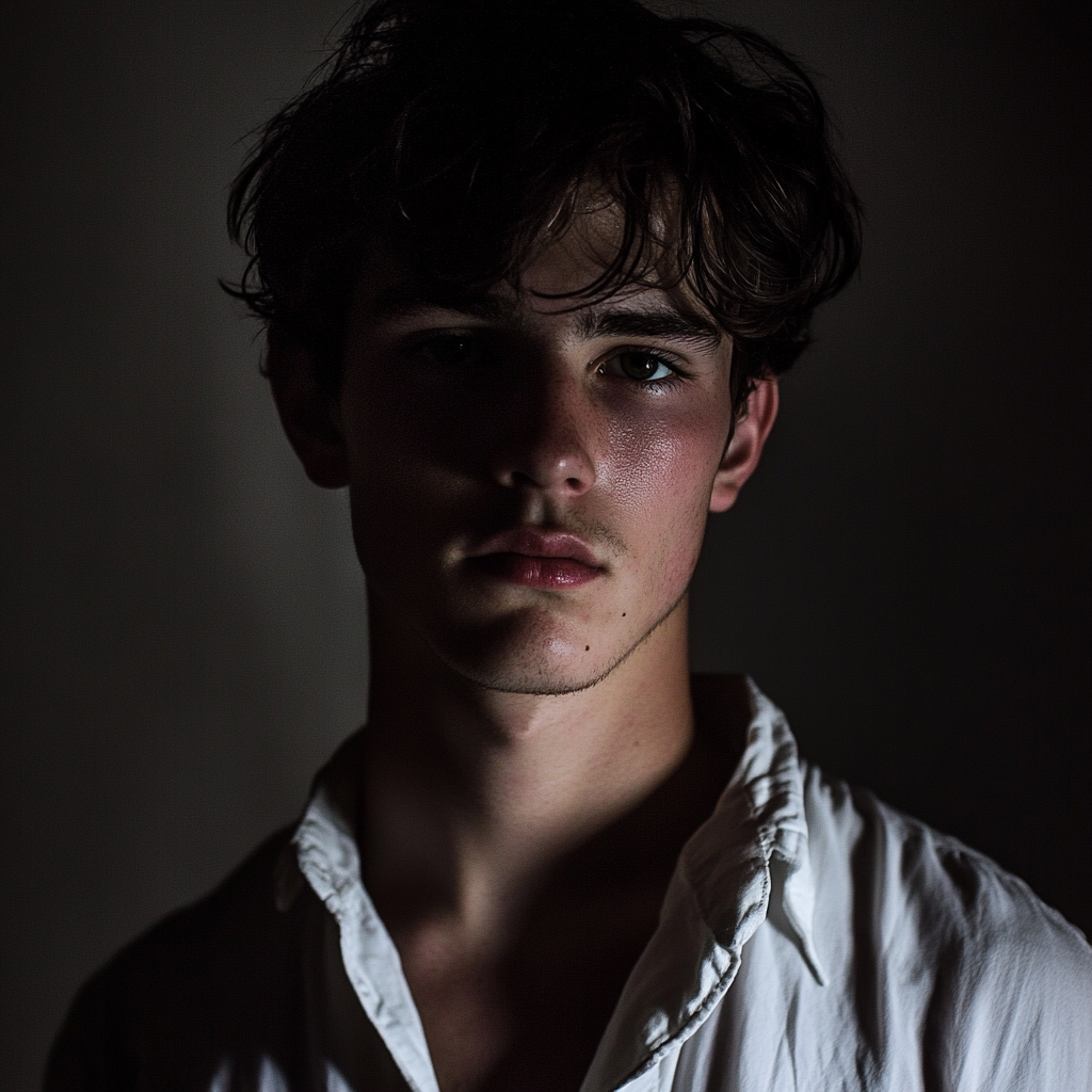 Dramatic low-light portrait of young man in white shirt.