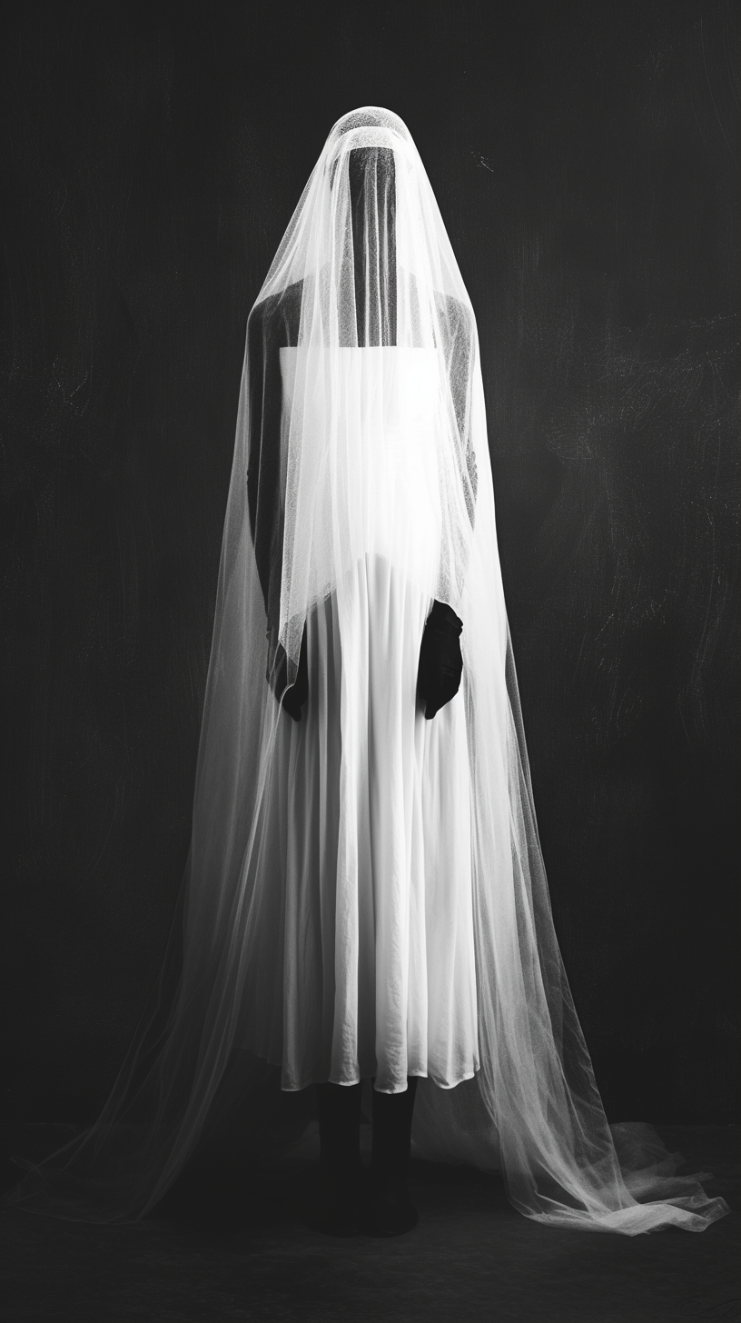 Dramatic portrait of androgynous woman in minimalist wedding dress.