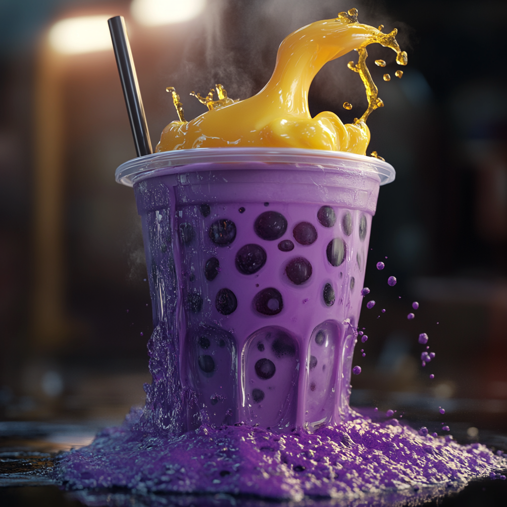 Dramatic purple bubble tea being poured into cup.