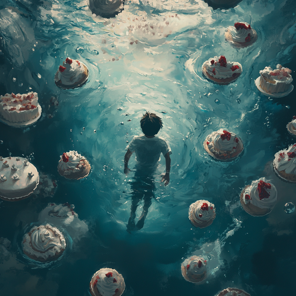 Dramatic underwater concept art with drowned boy and cakes 