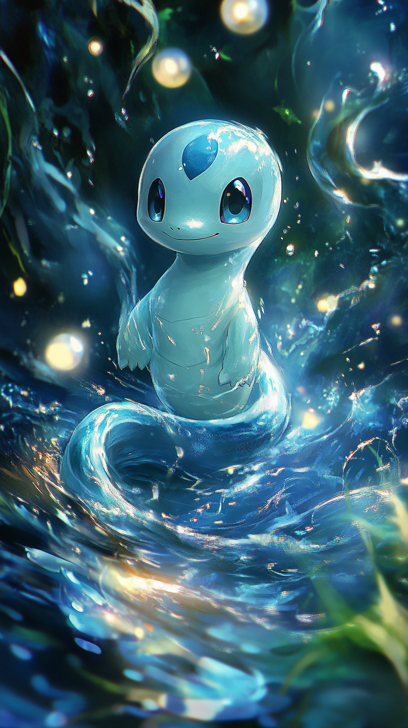 Dratini emerges from magical shimmering water surrounded by orbs.