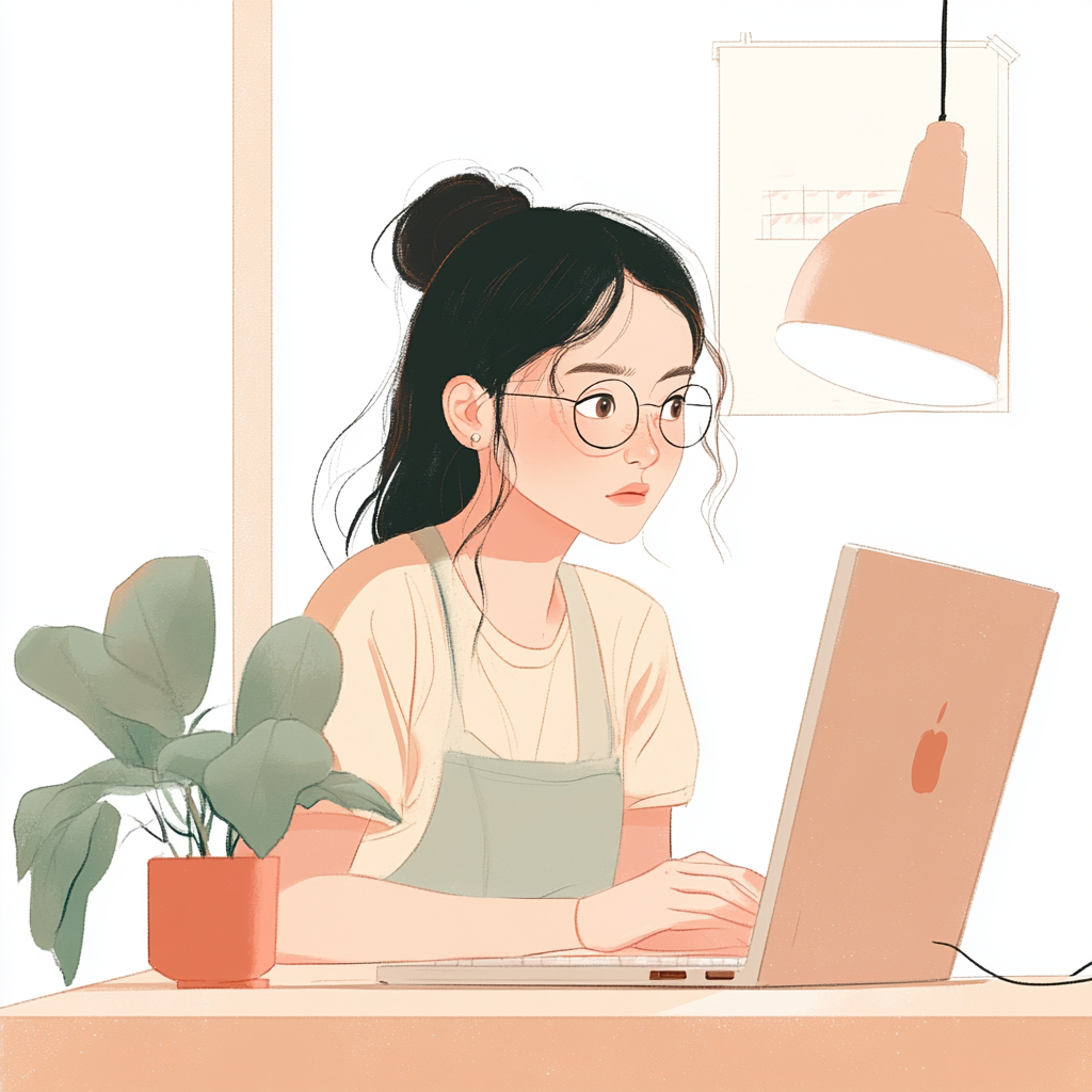 Draw calm, delicate illustrations of Japanese woman studying.