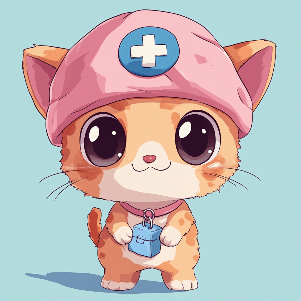 Drawing a cute cat with Chopper's hat. Bright background.