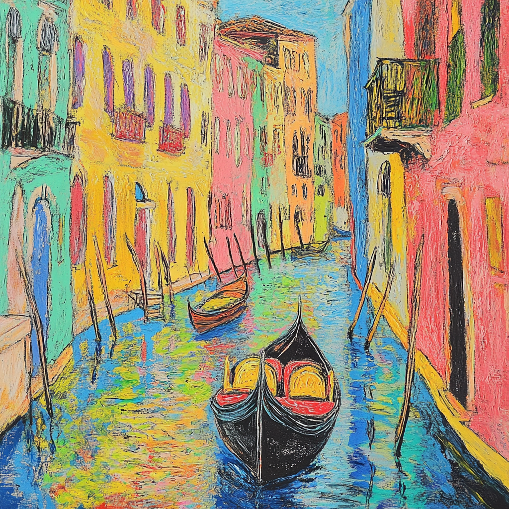 Drawing of Venice gondoliers reflection in waters. Line hatching, strong contour sketch. Neon oil paint.