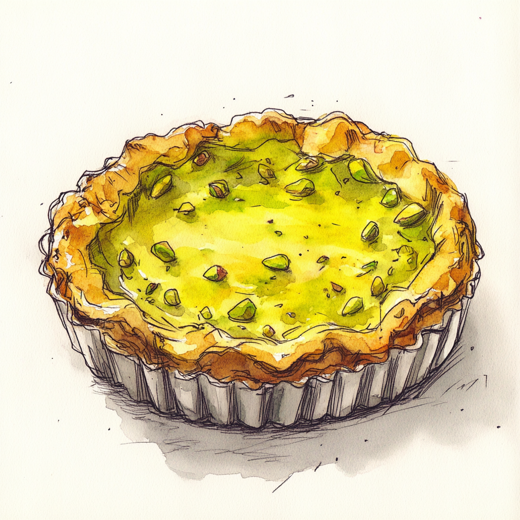 Drawing of a Pistachio tart with watercolors