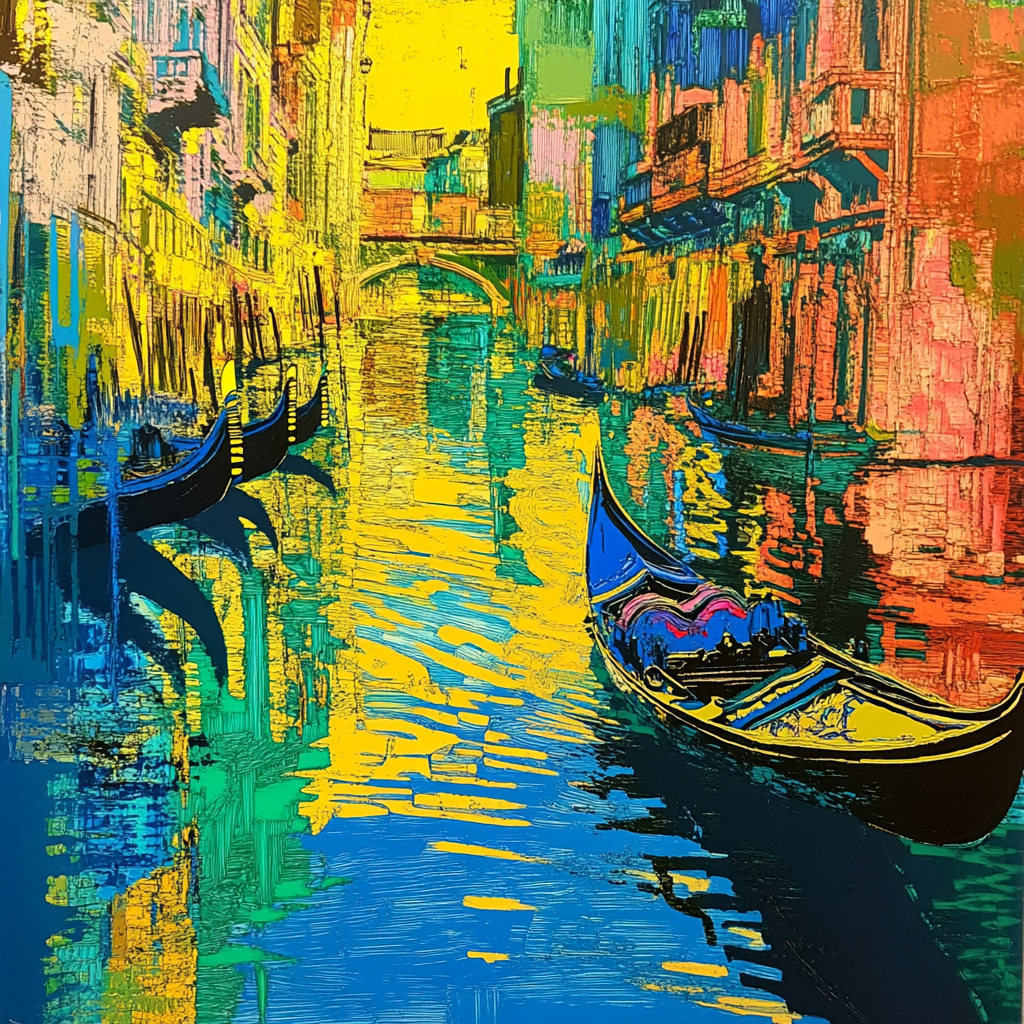 Drawing of gondoliers in Venice using colorful crayons.