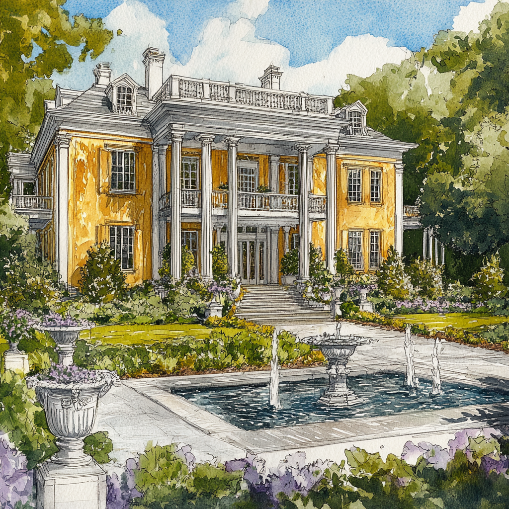 Drawing of lavish mansion with gold and marble.