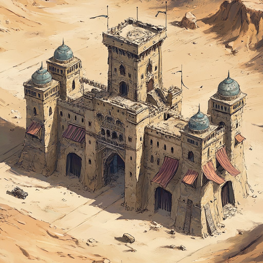 Drawing of sandstone building in desert with tall tower.