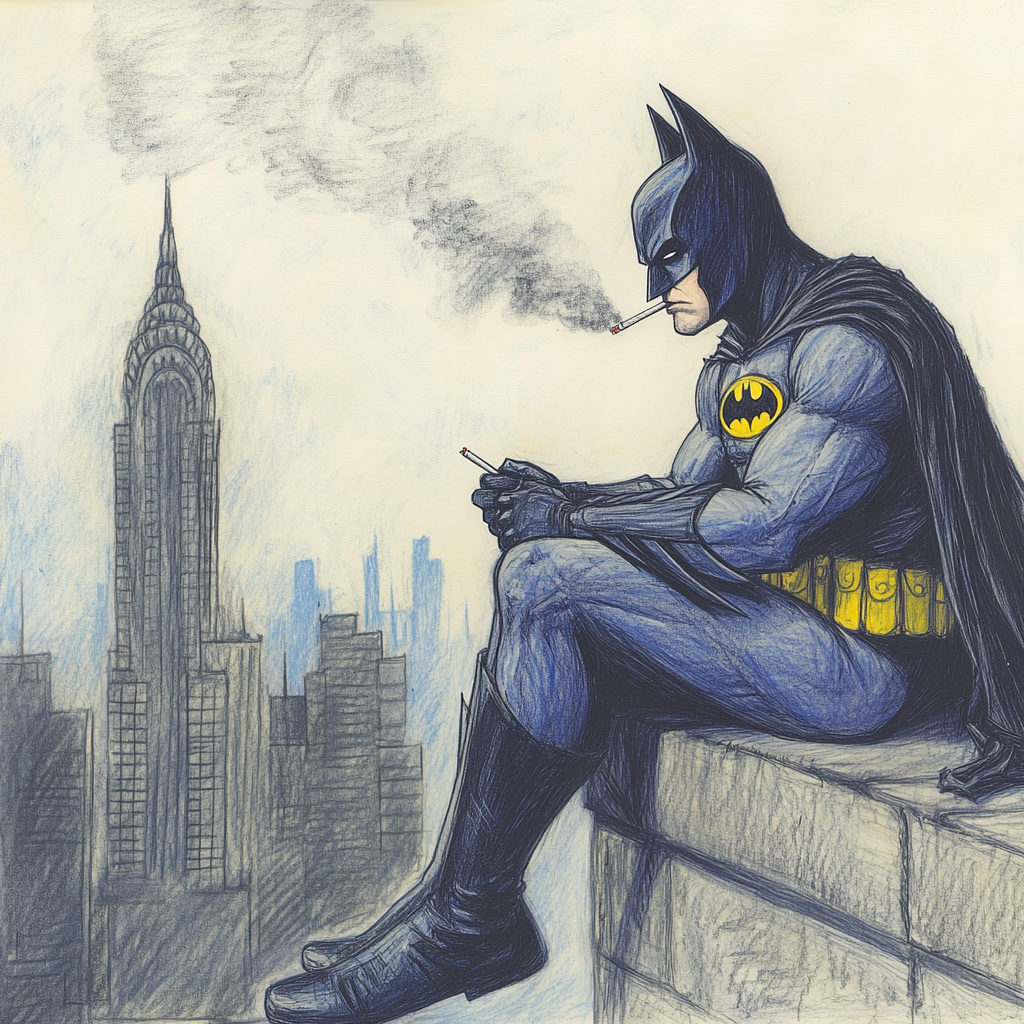 Drawing of tired Batman smoking cigarette, childlike style.