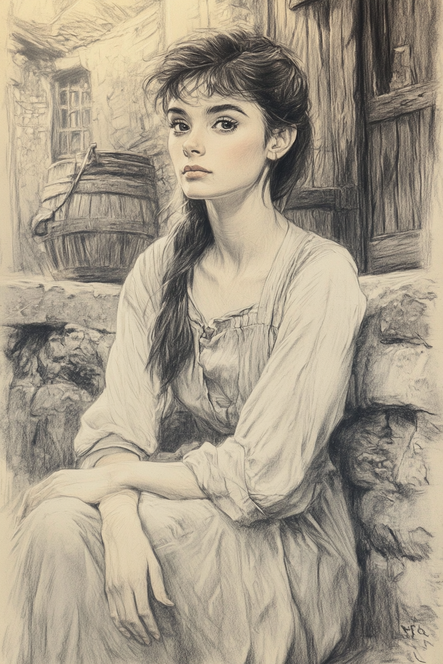 Drawing of young Audrey Hepburn in medieval Bree setting.