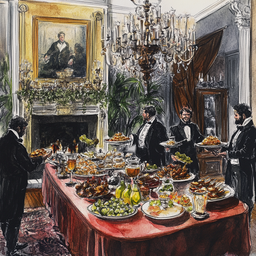 Drawing with watercolors of antebellum dining room scene.