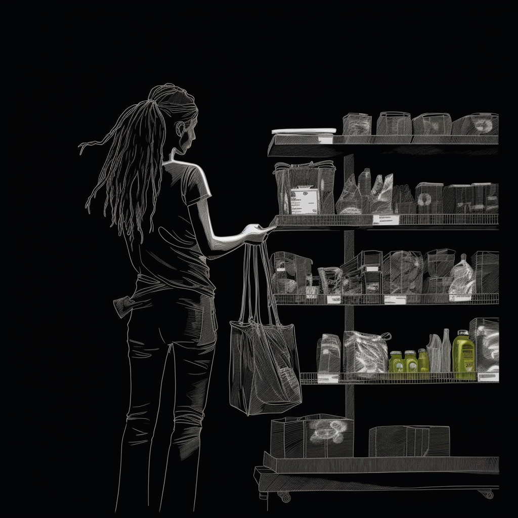 Dreadlocked woman stocking store on black paper outline.