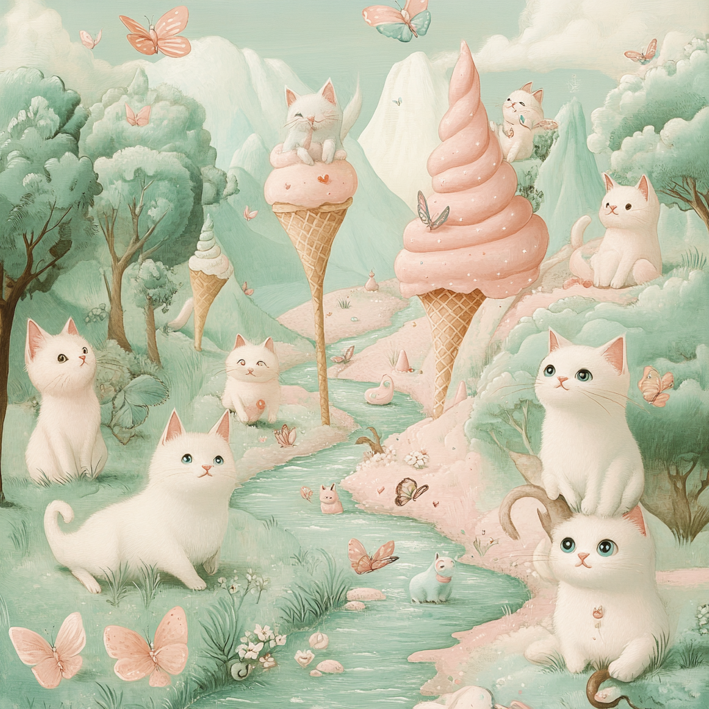 Dream of candy cats in pastel world, playful mischievous.