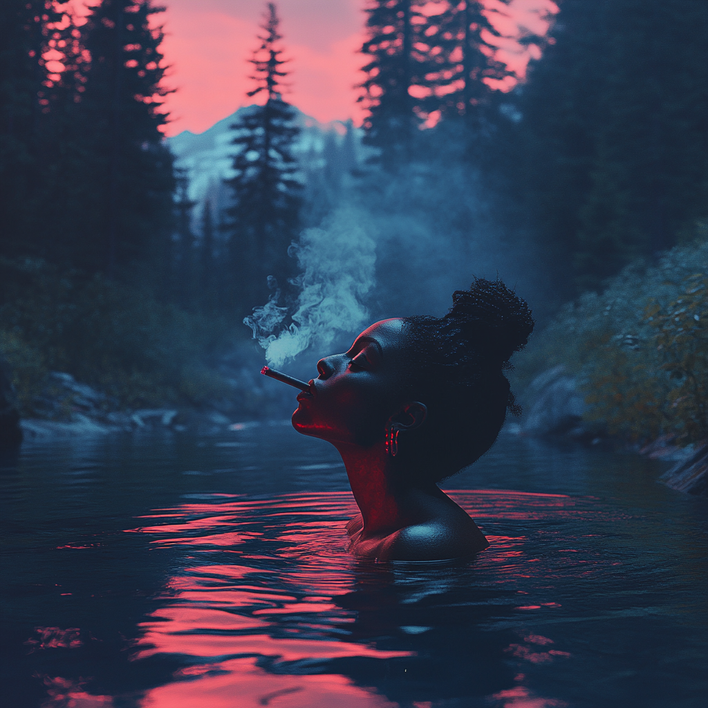 Dreamlike Black Woman Smoking Cannabis Joint in River Illustration