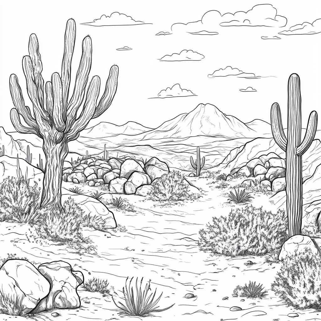 Dreamlike desert scene: Joshua tree, cactus, mountains, plants.