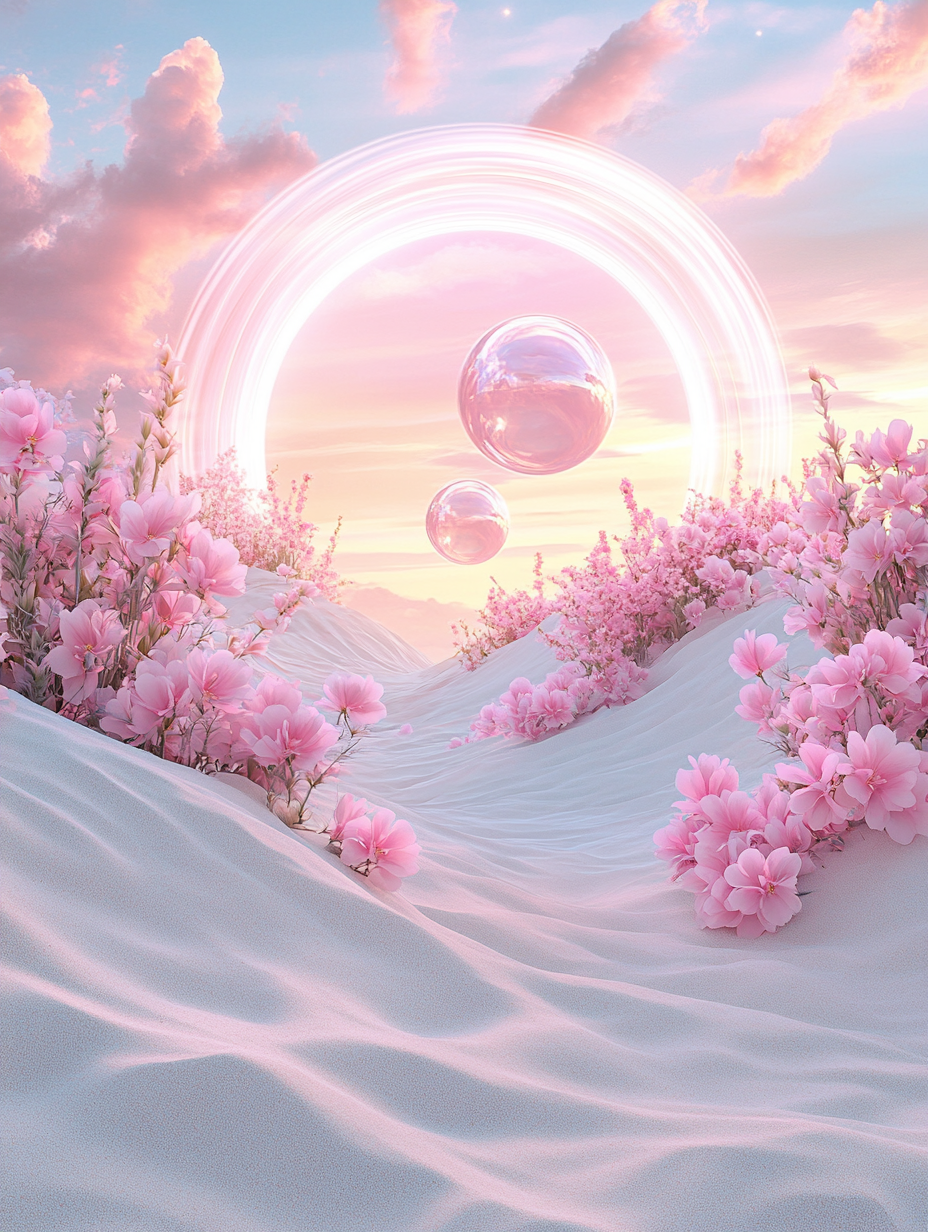 Dreamlike desert with pink flowers, floating spheres under arch.