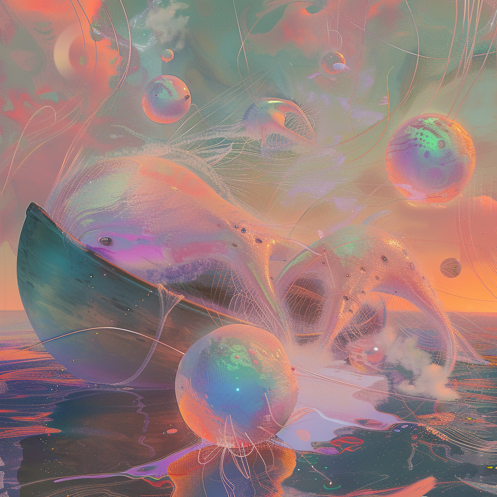 Dreamlike illustration of floating creatures with iridescent colors.