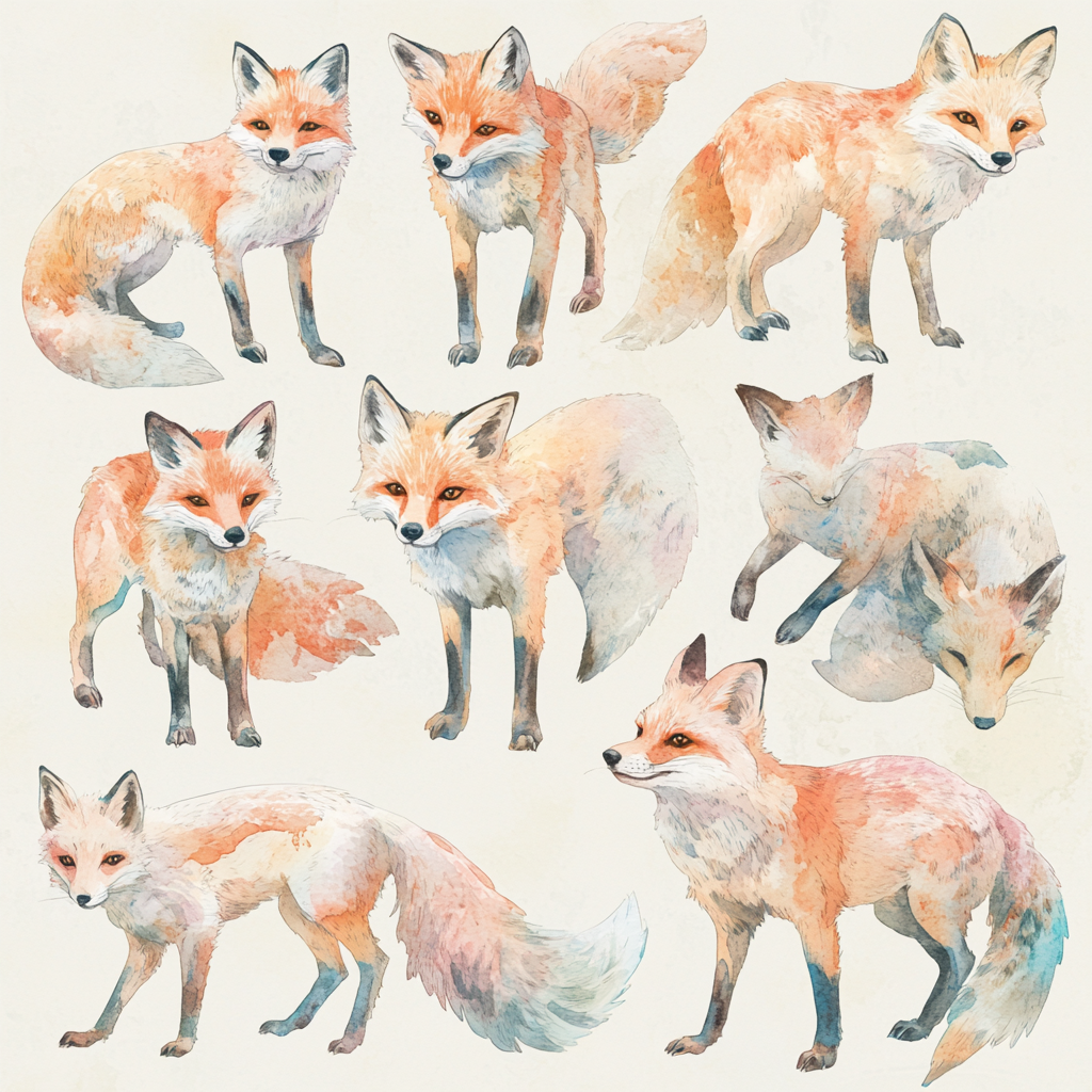 Dreamlike pastel foxes with elegant forms and textures.