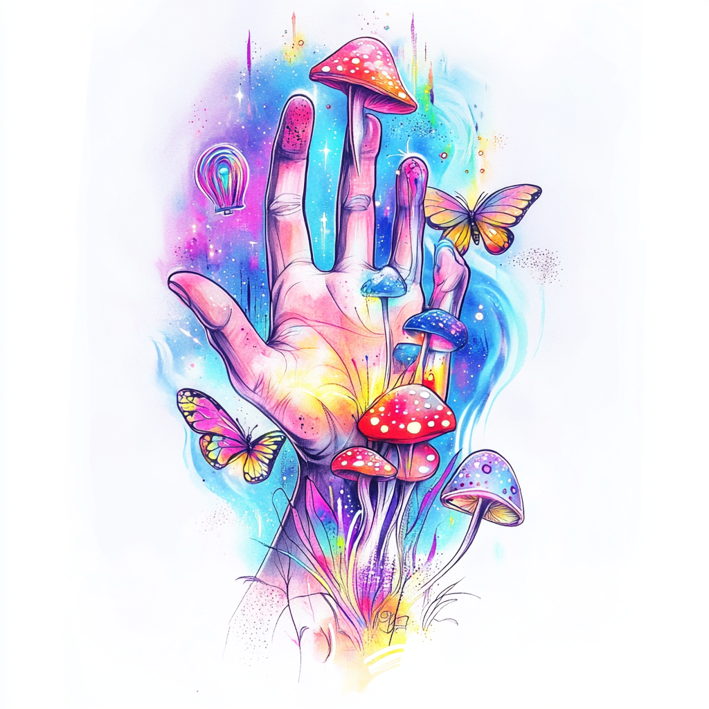 Dreamy, surreal hand with neon mushrooms and butterflies