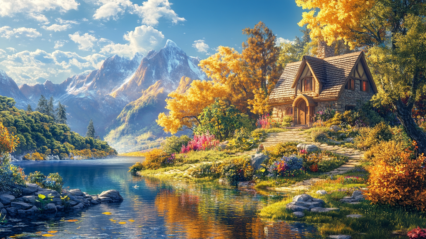 Dreamy Fairytale Landscape: Detailed Trees, Lake, Sky 16:9